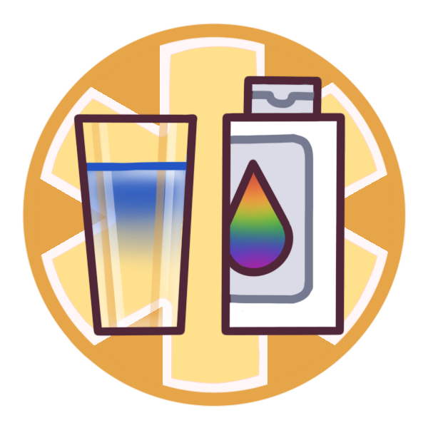 A yellow circle with a medical asterisk. Overlaid is a bottle of dye with a rainbow droplet on it, and a glass of water with blue dye dispersing into it.